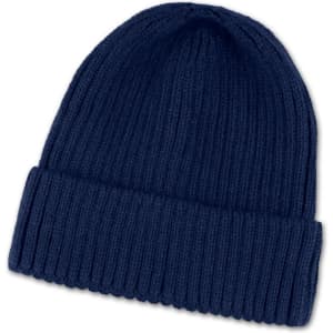 A navy blue beanie with a ribbed texture and a folded cuff, featuring a logo on the side.