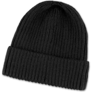 A black knitted beanie with a rolled cuff and a textured finish. It features a logo on the side.
