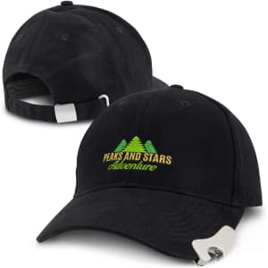 A drink bottle opener cap features a black cap with a curved brim and an adjustable strap, showcasing a logo.