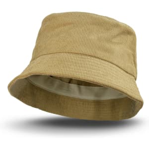 A tan corduroy bucket hat featuring a round brim and an interior lining, designed for headwear.