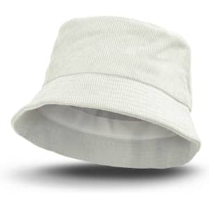 A light grey corduroy bucket hat featuring a logo, with a soft, textured fabric and a wide brim.