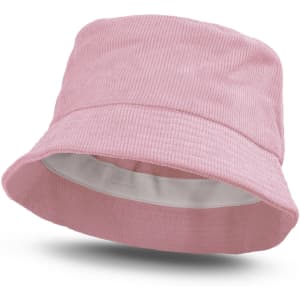 A pink corduroy bucket hat with a white inner lining and a subtle logo.