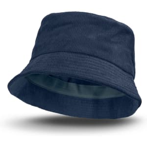 A navy corduroy bucket hat with a soft interior and a wide brim, featuring a logo.