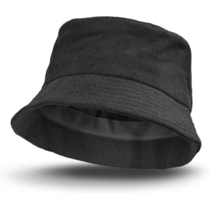 A black corduroy bucket hat with a textured surface and an inner lining, featuring a branding logo.