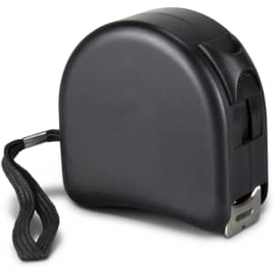 A black tape measure with a retractable mechanism and a strap for easy carrying.