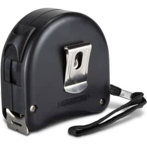 A black tape measure with a metal clip and a strap for easy carrying. It has a branded logo on its surface.