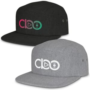 A two-tone cap set featuring a black cap and a grey cap, both with a logo on the front.