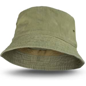 A faded olive green bucket hat with a wide brim and two ventilation holes. The interior features a contrasting lining.