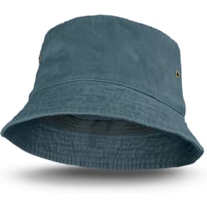 A faded teal bucket hat with a wide brim, featuring two metal eyelets and a textured finish.