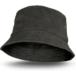 A faded black bucket hat with brass eyelets and a wide brim, featuring a subtle texture.