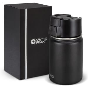 A drink bottle in matte black, with a lid and a sleek design, alongside a rectangular black box featuring a logo.