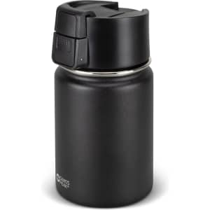 A drink bottle in matte black with a secure lid and a logo at the base. Ideal for keeping beverages hot or cold.