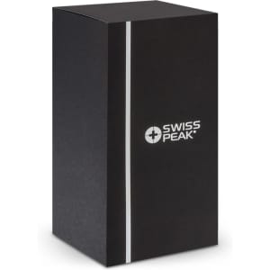 A drink bottle box in sleek black with a subtle white stripe and a logo. The design is modern and minimalist.