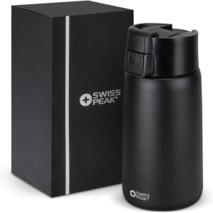 A drink bottle in matte black with a spill-proof lid, accompanied by a sleek, branded box.