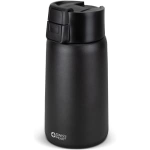 A drink bottle with a sleek black exterior, featuring a secure lid and a small logo.