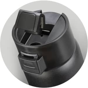 A drink bottle featuring a sleek black design with a flip lid and a built-in opening for sipping.