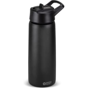 A drink bottle in matte black with a secure lid and a handle, featuring a branding logo.