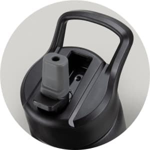 A drink bottle with a black body and a grey spout, featuring a sturdy handle and a built-in lid mechanism.
