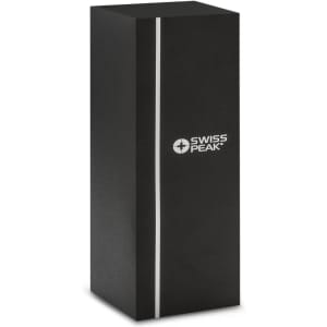 A sleek black packaging box with a vertical stripe and a logo. Suitable for holding a vacuum bottle.