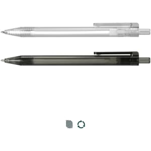 Two RPET pens, one clear and one black, featuring a clip and a branding logo. Both are made from recycled materials.