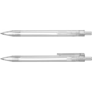 A clear plastic pen displayed from two angles, featuring a sleek design and a silver clip. It includes a logo.
