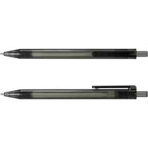 A black and clear plastic RPET pen with a capped design and a visible refill mechanism. Branding is present.