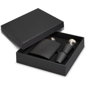 A black hip flask gift set in a sleek box, featuring a flask and two stainless steel pour tops.