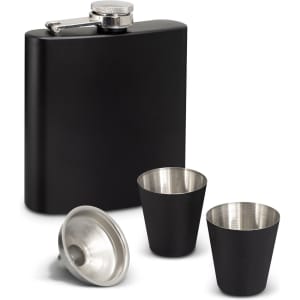 A black hip flask gift set including a flask and two matching stainless steel cups, featuring a logo.