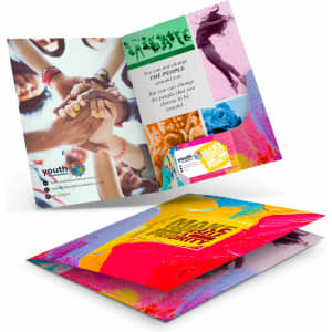 A4 presentation folder featuring vibrant colours and images of diverse people, with a logo on the front.