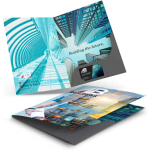 A4 presentation folder in teal and grey, featuring a logo and architectural images on both sides.