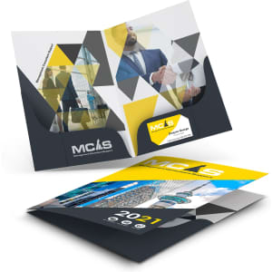 A4 presentation folder in grey and yellow with twin pockets, featuring a logo and geometric design elements.