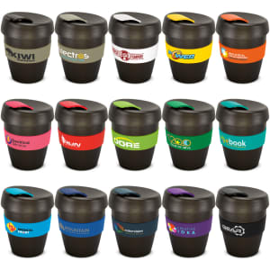 A drink bottle collection featuring black cups with various coloured silicone bands and logos. Each has a unique design.
