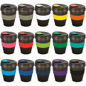 A collection of Express Cup ReGrind drink bottles in various colours with black bases and contrasting lids. Each features a logo.