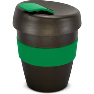 A drink bottle in black with a green silicone band and lid, designed for easy sipping. It features a logo.
