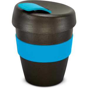 A drink bottle in black with a blue silicone band and lid, designed for holding 350ml.