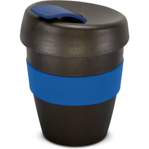 A drink bottle in black with a blue silicone band and lid. It has a rounded design and a logo.