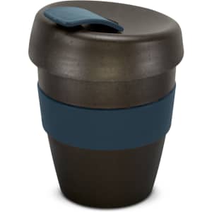 A drink bottle featuring a dark grey body with a blue silicone band and lid. It has a logo.