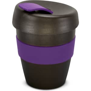 A drink bottle in black with a purple band and lid, featuring a curved design and a logo.
