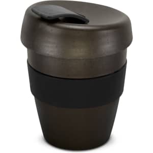 A drink bottle in dark green with a black silicone band and lid, featuring a logo. Capacity is 350ml.