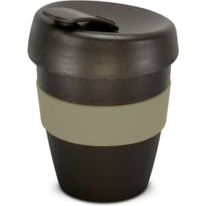 A drink bottle featuring a dark brown body with a beige silicone band and a lid. It has a logo on one side.
