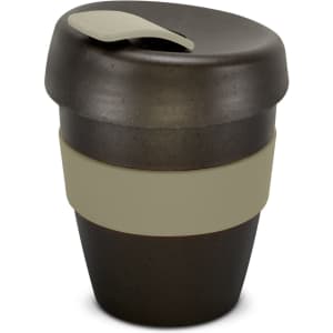A drink bottle in dark grey with a light grey band and lid, featuring a sleek, modern design and a logo.