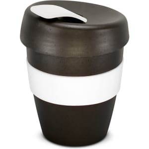 A drink bottle in dark grey with a white band and a white lid, featuring a logo.