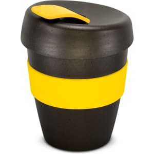 A drink bottle in black with a yellow band and lid, featuring a curved design and a logo.