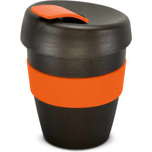 A drink bottle in black with an orange silicone band and lid, featuring a curved design and a logo.
