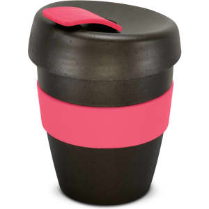 A drink bottle in black with a pink silicone band and lid, featuring a rounded design and a logo.