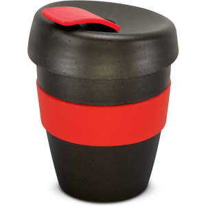 A drink bottle with a black body and a red silicone band, featuring a lid with a spout. It has a branding logo.