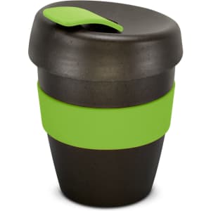 A drink bottle in black with a green silicone band and matching lid. It features a logo on the surface.