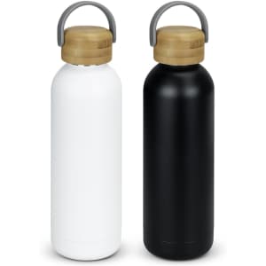 A drink bottle set featuring a white and a black stainless steel bottle, both with wooden lids and grey handles.