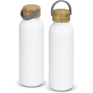 A drink bottle with a white body and a bamboo lid, featuring a grey handle and a branding logo.