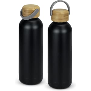 A drink bottle in black stainless steel with a bamboo lid and a grey handle. It features a logo on the body.